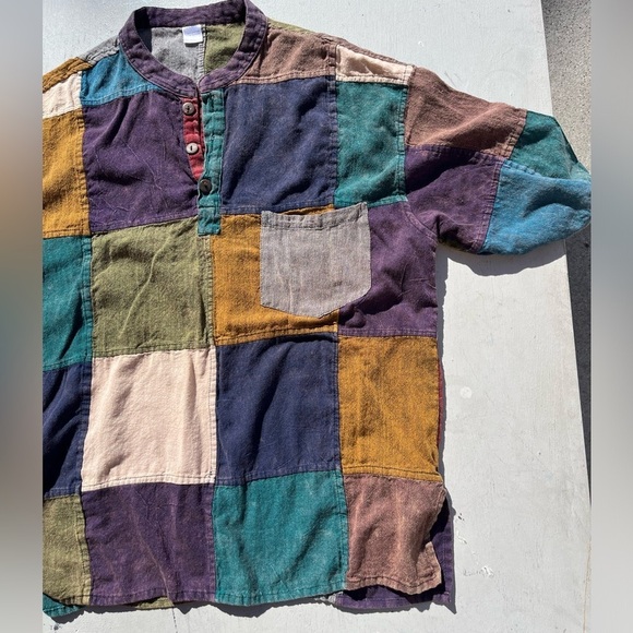 Men's Nepal Shirt Multicolor Patchwork L/XL India Hippie Yoga Namaste Spiritual - Picture 5 of 13
